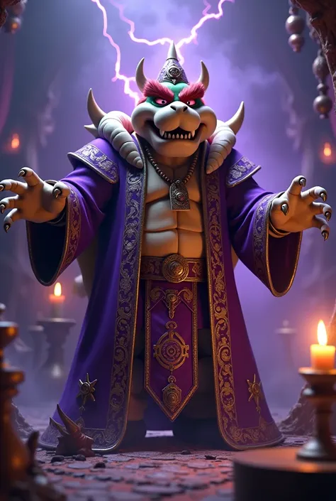 video game Bowser as a voodoo priest. Purple attire.  Enchanting evil. Casting spells. Dark Magic.