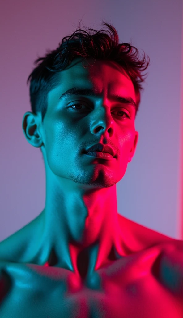 this is a picture of a person with a biological udder glands on his neck, goat udder in the style of hyperrealistic anatomy, macro lens, neons lights, net art, Wolfgang Tilmans, Conrad Felixmüller