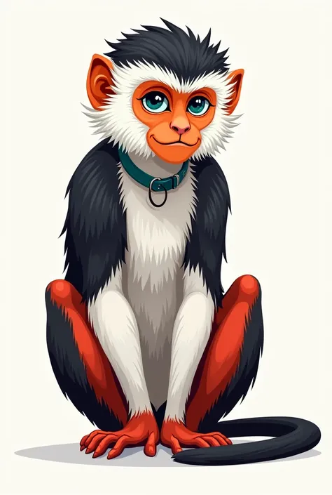 (seaart)A female red shanked duoc langur. Dark grey hair on head. White fur around face. Orange face, round nose. Ears not visible. Orange eyes, light turquoise around eyes. Black shoulders and biceps. White forearms. Grey body. Dark red legs. Long tail. T...