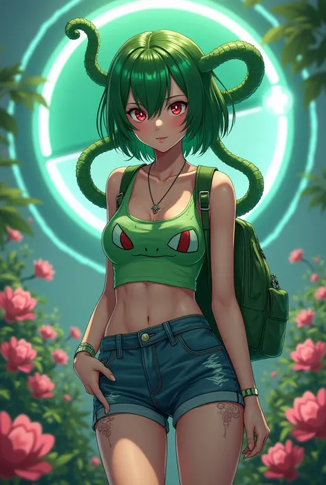 A cool beautiful sexy woman with green hair colour,she has red eyes, wearing sexy green bulbasaur themed tank top. wearing a short jeans.  wears a small green cute backpack. She Has two green tentacles, she looks cool, she is standing in the middle of a fu...