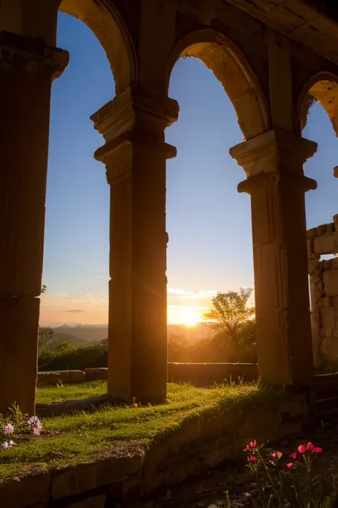 Ruins, the setting sun shining through, a single flower 
