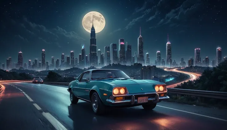 View of A Retro car on a Winding highway in the night going towards the city, City and sky scrapers in the horizon. Starry Sky, Moon behind the buildings.  Very accurate, Realistic, lively, Elaborate, Brilliant , Like a spectacular movie, amazing, Complex,...