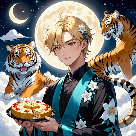 beautiful handsome man，Tiger Teeth，blond，flower，Audai，Transparent yarn，ribbon，hairpin，Ryo Shogetsu，Eat a moon cake，旁邊有三flower小貓們，High resolution