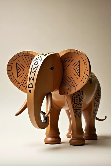 Create a modern wooden elephant sculpture that is decorated in a modern style.