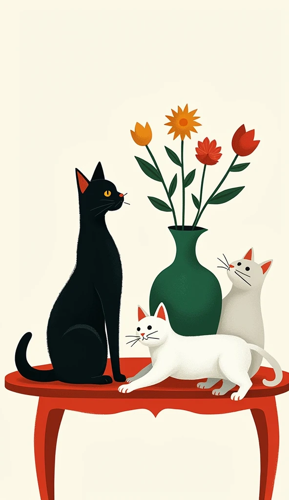 Art print, black cat and white cats on a table with a green vase, in the style of Matisse, on a white background.