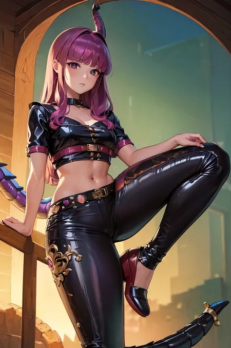 (masterpiece, High resolution, 最high quality:1.3), 8k, Very detailed, Complex, colorful, Vivid image,((Dola Dora:1.6)),((Super detailed)),((High definition)),((Beautiful dragon horn,Beautiful dragon tail)),,((Leather short trousers)),(She&#39;s sticking ou...