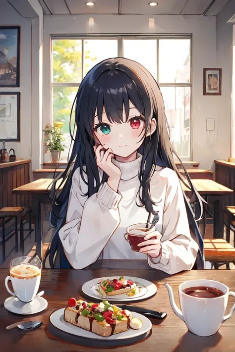 score_9,score_8_up,score_7_up,source_anime,,1girl,solo,KurumiBase,clock eyes,red eye,yellow eye,heterochromia,black hair,
medium breasts,
turtleneck sweater,long hair,
,CONCEPT_PovDating_ownwaifu,pov dating,pov across table,cup,smile,window,looking at view...