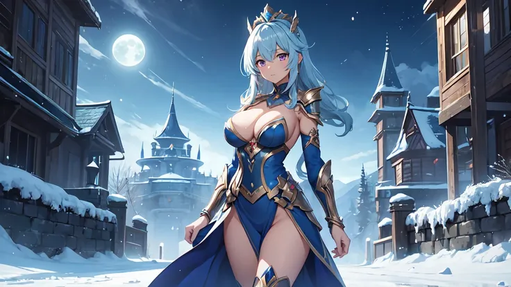 female, large breasts, cleavage, warrior, light blue metalic armour with plunge neckline exposing breasts and cleavage, wearing a small golden warrior crown, standing upright, outside of an icey castle with a mysterious feignt purple glow in the windows, i...