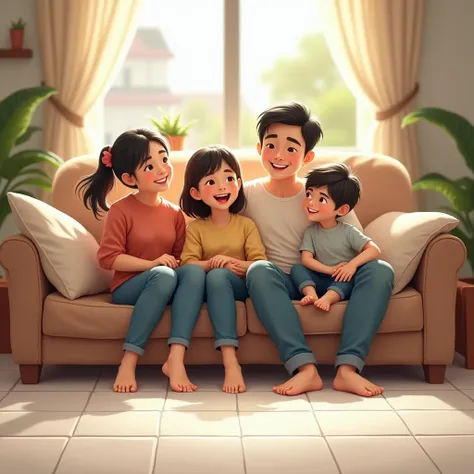 realistic happy vietnamese family sitting on sofa, bare feet, close-up the wide cleaned and shine white tiles floor
