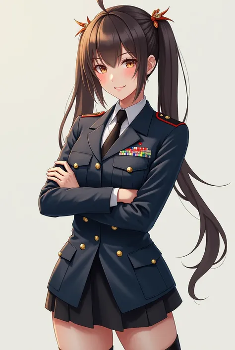 (masterpiece, best quality:1.2), cowboy shot, solo, 1girl, alicia melchiott, smile, looking at viewer, crossed arms, twintails, headdress, military uniform, necktie, thighhighs