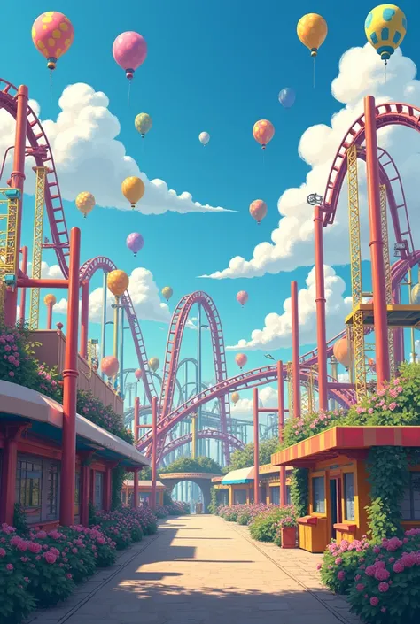 A colorful amusement park with balloons, train tracks, and no people.