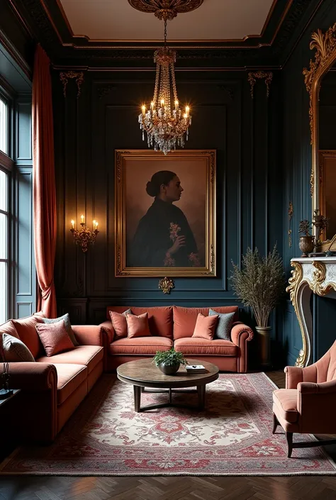 A Very Dark Living room decorated in European style, a luxurious and refined atmosphere. Intricate interior decoration details emphasize the refined style of the room, while a carefully considered decoration design adds an impeccable finishing touch