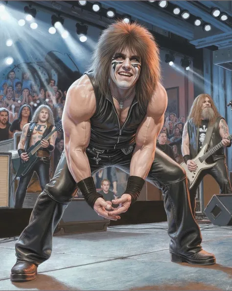 a burly and muscled dude with the 80s heavy metal rockstar hairstyle and glam metal face paint performing an awkward stage act in the foreground, audience and other heavy metal musician in the background, very detailed, colored pencil media in the style of...