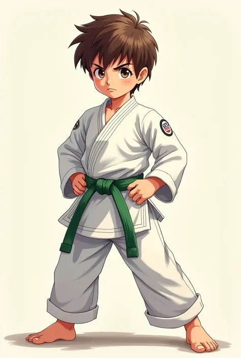 White boy with brown hair wearing karate kimono,green belt at the waist, anime style