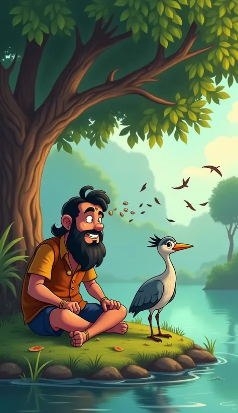 The Indian thief who was sitting under the Banyan tree near the pond, put the droppings of herons lying under the Banyan tree on his forehead. cartoon, fhd, 8k,