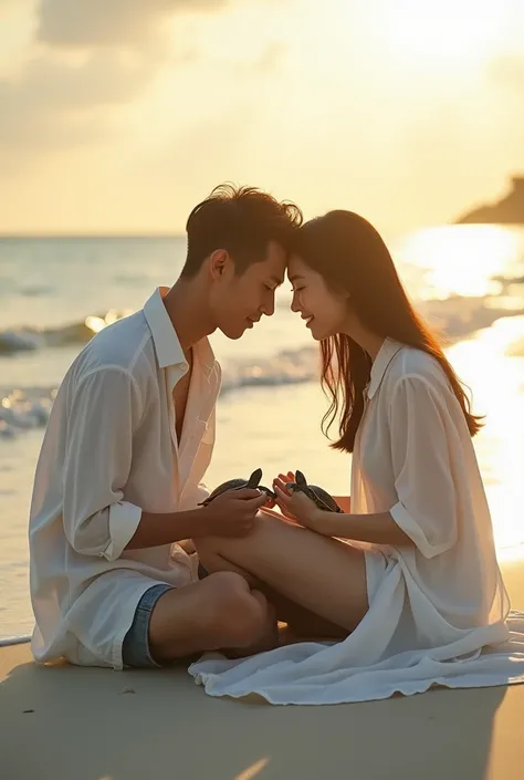  Romantic couple Beautiful natural skin Asian girl wearing a white oversize long shirt to the knee oversize flared beautiful with beautiful sunlight behind her on the edge of the beach full body photo 64realistic real high quality clear detail beach waves ...