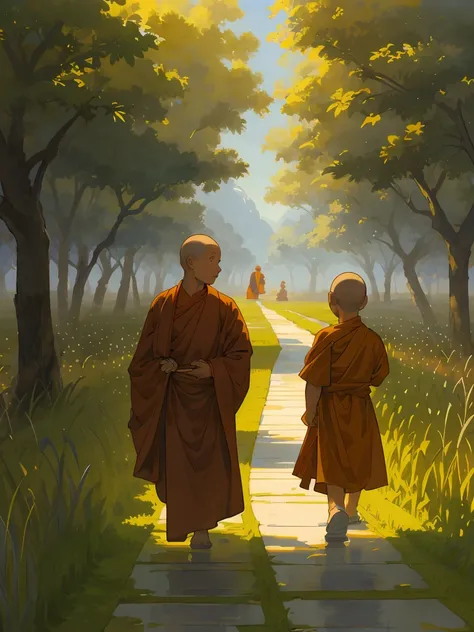 painting of a monk and a child walking through a rice field, buddhist, buddhism, buddhist monk, monk, monk clothes, monks, 2 1 st century monk, on path to enlightenment, thailand art, the journey of life, by John La Gatta, on the path to enlightenment, bea...