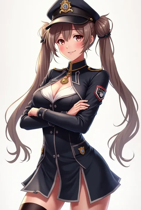 (masterpiece, best quality:1.2), cowboy shot, solo, 1girl, Alicia Melchiott, smile, looking at the viewer, revealing clothes, necklace crossed arms, twin-tails, headdress, military uniform, necktie, thigh highs