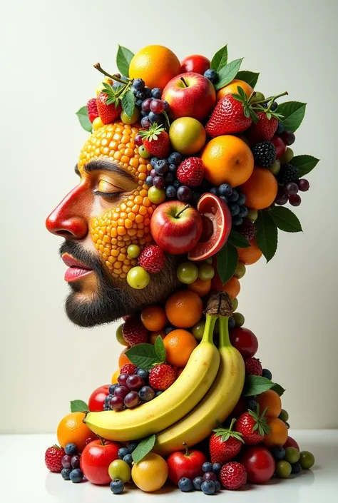 The Art of Male Fruits, 

Un portrait de profil en relief 3D dun homme entièrement composé de fruits. The side profile of the man is created using a variety of fruits such as apples, bananas, Oranges, des raisins et des baies. The fruits are arranged to re...