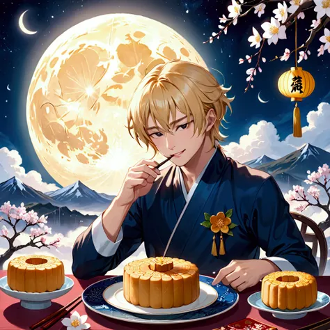 beautiful handsome man，Tiger Teeth，blond，flower，Audai，Transparent yarn，ribbon，hairpin，Ryo Shogetsu，Eat a moon cake，旁邊有三flower小貓們，High resolution