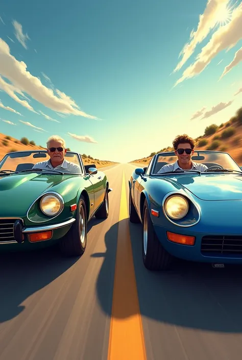 A man driving with sunglasses is the driver next to a young man in a sports car