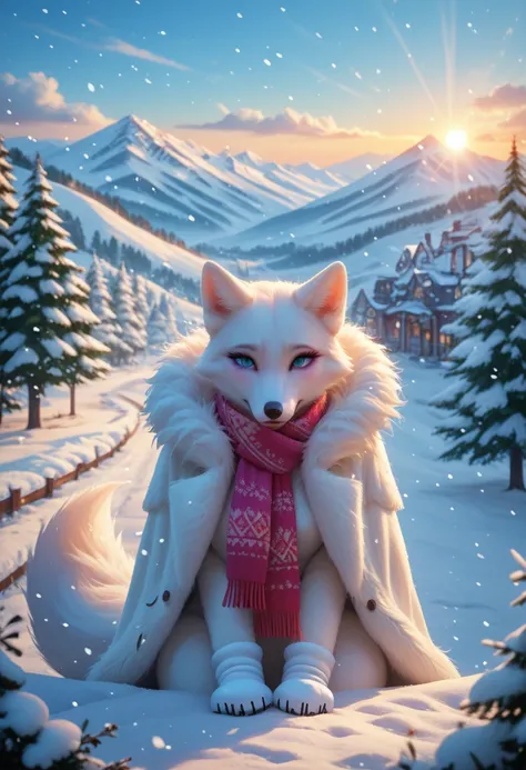 One girl, with a perfect figure, Dressed in Furs, fur coat, Arctic fox, A long scarf on the neck is fluttering in the wind, blizzard, gloves on hands, Fur Mittens, flushed face, Eye Makeup Shadows, Winter Town, covered in snow, Snowdrifts on the Houses, Sm...