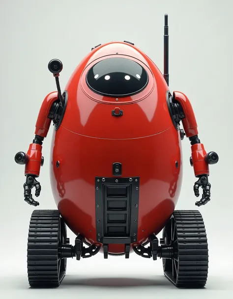 live-action、Real、Medium-sized robot、Large egg-shaped body、Red coloring、Large antenna on head、３Two camera lens eyes、Boarding gate on the body、Tracked legs、Water spray devices on both arms、Movable ladder on the back

