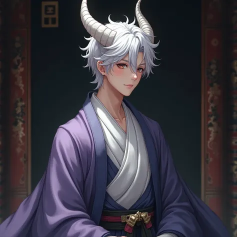 ((best quality)), ((masterpiece)), (detailed), 1 handsome man((around 1)), short white hair(two white dragon horns on the head), wearing three-layered of ravish robes(white and lavender colors mixed robe on top of black robe), in the dark ancient japanese ...