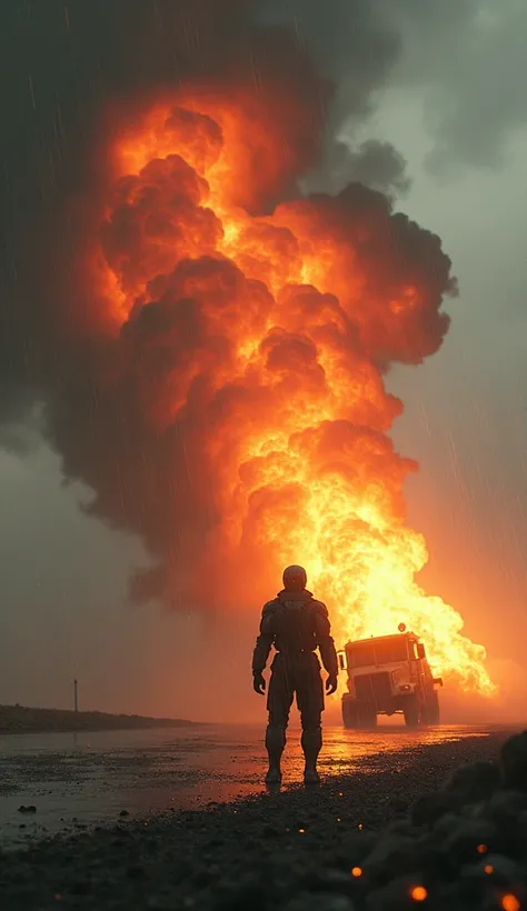 a lone figure of a cyborg stands in a rain-soaked landscape, silhouetted against a massive fireball rising from a burning car, the scene evokes a cinematic tension, with an atmosphere of mystery and destruction unfolding in a remote, desolate setting, dark...