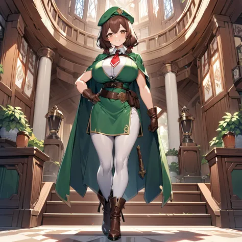 An adventurer guild clerk girl, sexy body, big breasts, big hip, ((green clerk outifit, red necktie, green beret, short cape, white leggings, leather gloves, leather high heels boots, leather belts and pockets, dagger on hips)), (short hair, low brown brai...