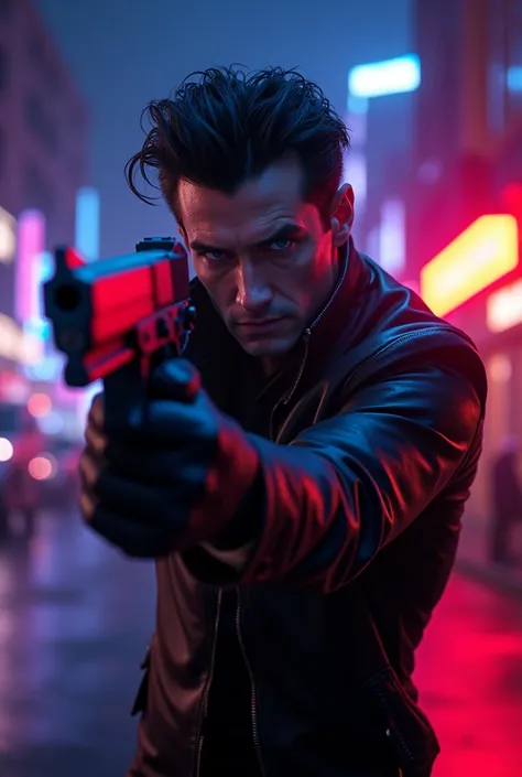 zoomed out image, At night some dark and luxurious buildings......, Extremely attractive Russian guy with jet black hair..., eyes with snake-shaped pupils, One blue and the other blue with gray....., with a black leather jumpsuit, pointing a gun forward, T...