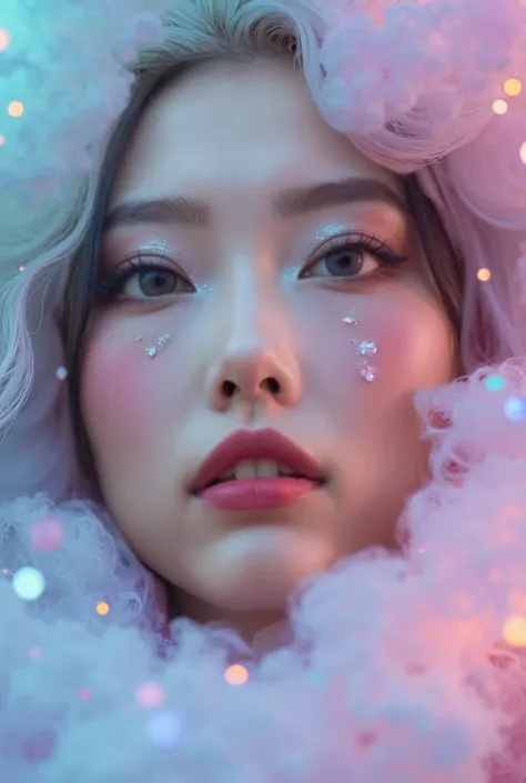 Cosmic Pastel Dreamscape: "Imagine a cosmic dreamscape with a surreal pastel makeup look. Use pastel shades of teal, lilac, and soft coral to create a galaxy-inspired eye look, blending the colors to mimic swirling nebulae. Add tiny star-shaped rhinestones...