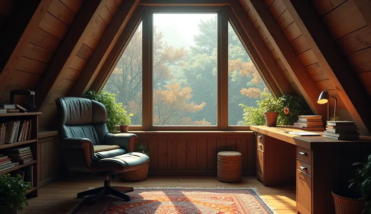 Design an attic study room with a skylight window that shows rain falling over the treetops of a dense autumn forest. Inside, a small wooden desk and a comfy chair are positioned under the skylight, with an array of books and a soft throw blanket. The soft...