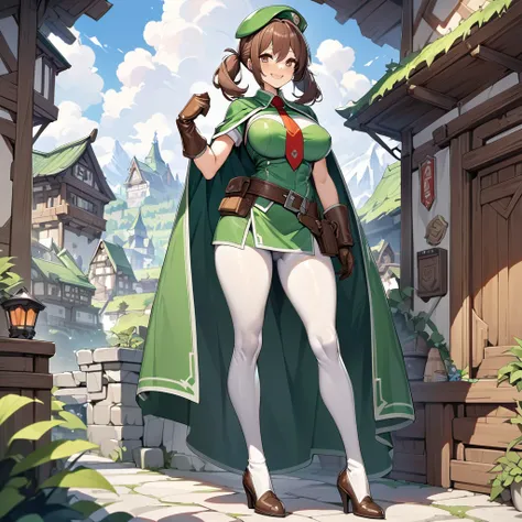 An adventurer guild clerk girl, sexy body, big breasts, big hip, ((green clerk outifit, red necktie, green beret, short cape, white leggings, leather gloves, leather high heels boots, leather belts and pockets, dagger on hips)), (short hair, low brown brai...