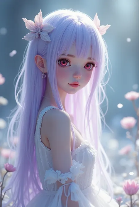 A 1 girl, 150 cm tall, with long hair reaching her buttocks, white-purple, wearing a plain white dress, with red eyes.