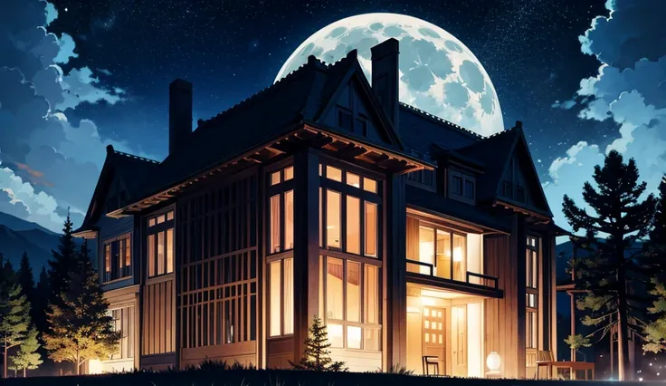 full moon, moonlight lights the scene, mysterious, single house beside a tree at the center of the image at distance, plain field behind the house, silhouette of mountain range at the distance, Sparkle, Depth Of Field, Ray Tracing, Reflection Light, Glowin...