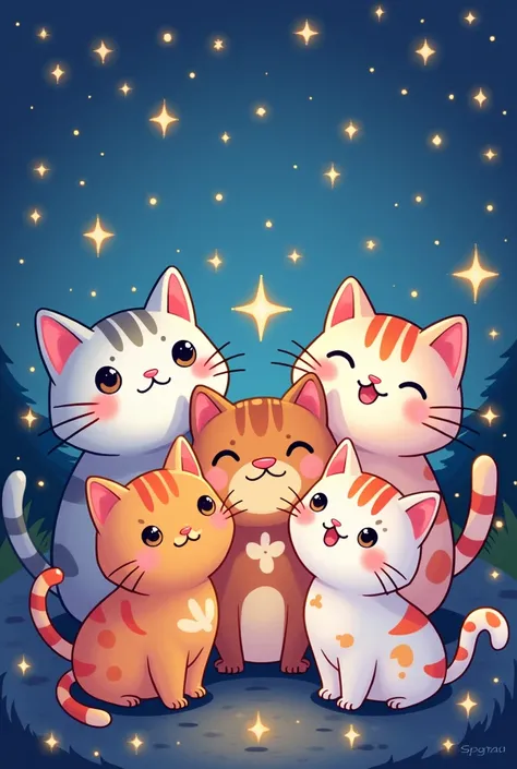 A close-up of a group of cats with stars on a blue background, gato kawaii, beautiful colorful adorable, beautiful cats, stickers illustrations, Sticker Design Vector Art, Cutest kawaii sticker of all time, cute characters, sticker illustration, night star...