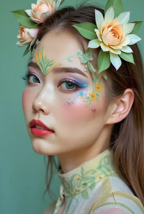 Fantasy Floral Garden: "Design a surreal makeup look that transforms the face into a fantasy floral garden. Use pastel shades of mint green, soft yellow, and blush pink to create intricate floral patterns on the cheeks and forehead. Incorporate 3D flower a...