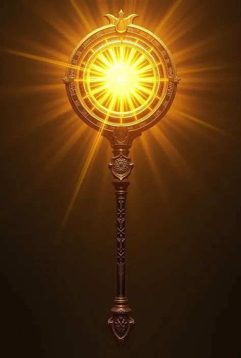 A war hammer with a golden head that radiates intense light. The top has a circular shape., like a little burning sun. Its handle is decorated with solar symbols.