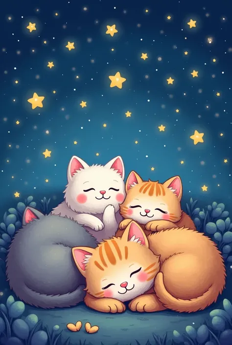 A close-up of a group of cats with stars on a blue background, gato kawaii, beautiful colorful adorable, beautiful cats, stickers illustrations, Sticker Design Vector Art, Cutest kawaii sticker of all time, cute characters, sticker illustration, night star...