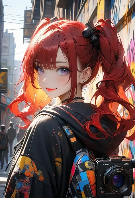 8K Octane.Bauhaus style portrait of a girl、The girl has red hair in twin tails、The girl has a very beautiful face、Beautiful detailed eyes and lips、Real Texture Skin、Wear a pop-colored hoodie、smile、A girl walks briskly through the streets of downtown、There ...