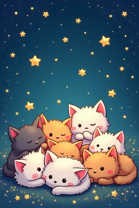 A close-up of a group of cats with stars on a blue background, gato kawaii, beautiful colorful adorable, beautiful cats, stickers illustrations, Sticker Design Vector Art, Cutest kawaii sticker of all time, cute characters, sticker illustration, night star...