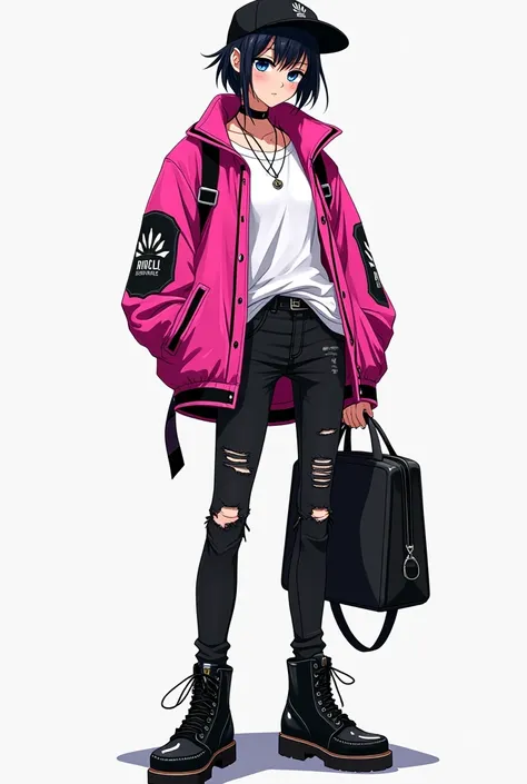 Create an outfit anime style, I want it to be like a previous style, black torn skinny jeans, pink jacket, white tshirt, black shoes, black cap, black sunglasses, black bag