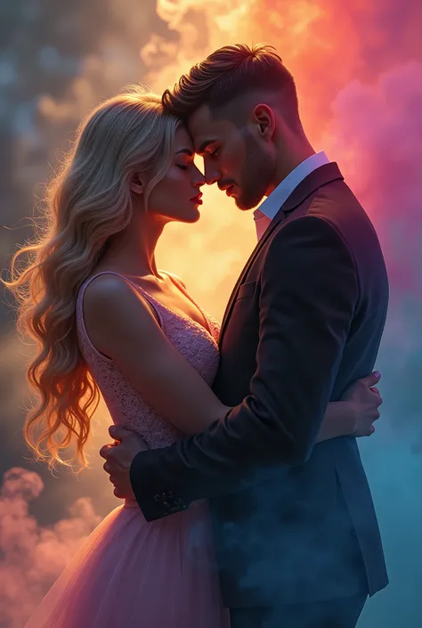 1 girl , puffy lips, Big boobs, Long hair, Short hair, Highlighted hair, 1 guy , short haircut, smart , they are standing hugging , multi-colored smoke rises from them , aura, Realistic anatomy, Best quality, in detail, High detail, quality, Very detailed,...