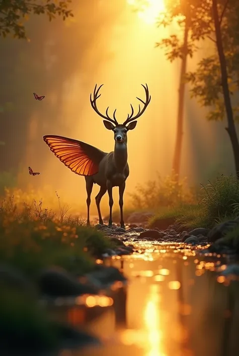 A cinematic photograph showcasing a serene moment in nature, with a warm golden light cast upon the scene, capturing the intricate textures and patterns of the surroundings, such as the roughness of tree bark, the softness of leaves, and the gentle ripples...