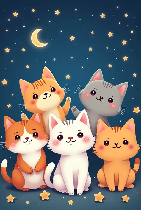 A close-up of a group of cats with stars on a blue background, gato kawaii, beautiful colorful adorable, beautiful cats, stickers illustrations, Sticker Design Vector Art, Cutest kawaii sticker of all time, cute characters, sticker illustration, night star...