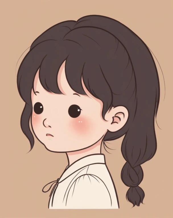 chibi face avatar, a vietnamese girl, three quarter view face, portrait, plaits hair, 3/4 view face. corner view of face