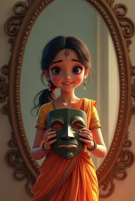 A Indian girl which catch a hacker mask in her hand and looking in a mirror with happy mood.