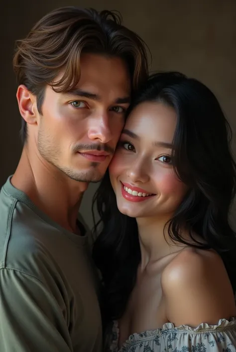 Generate the main protagonists of twisted love alex volkov and Ava Chen where both of them are smiling for the camera, alex is smiling softly while Ava is smiling brightly Alex is tall, Russian, eyes is jade green with light brown hair. Ava is Chinese, Asi...