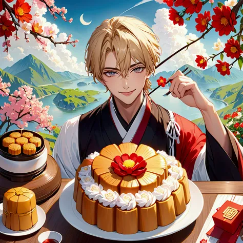 beautiful handsome man，smiling，Small tiger teeth，blond，flower，Audai，Transparent yarn，ribbon，love hairpin，Ryo Shogetsu，moon cake，旁邊有三flower小貓們，High resolution